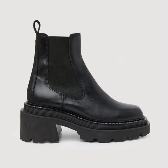 NEW Sandro Chelsea Ankle Boots EU 37 Black Leather Chunky Lug Sole Square Toe - Picture 4 of 16